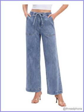 Stretch Denim Wide Leg Jeans High Waisted Drawstring